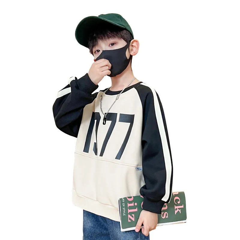 

2023 New Arrival Korean Kids Boy Patchwork Sweatshirt 1977 Letter Print Spring Autumn Child Fashion Clothing 5 7 9 11 13 14 Year