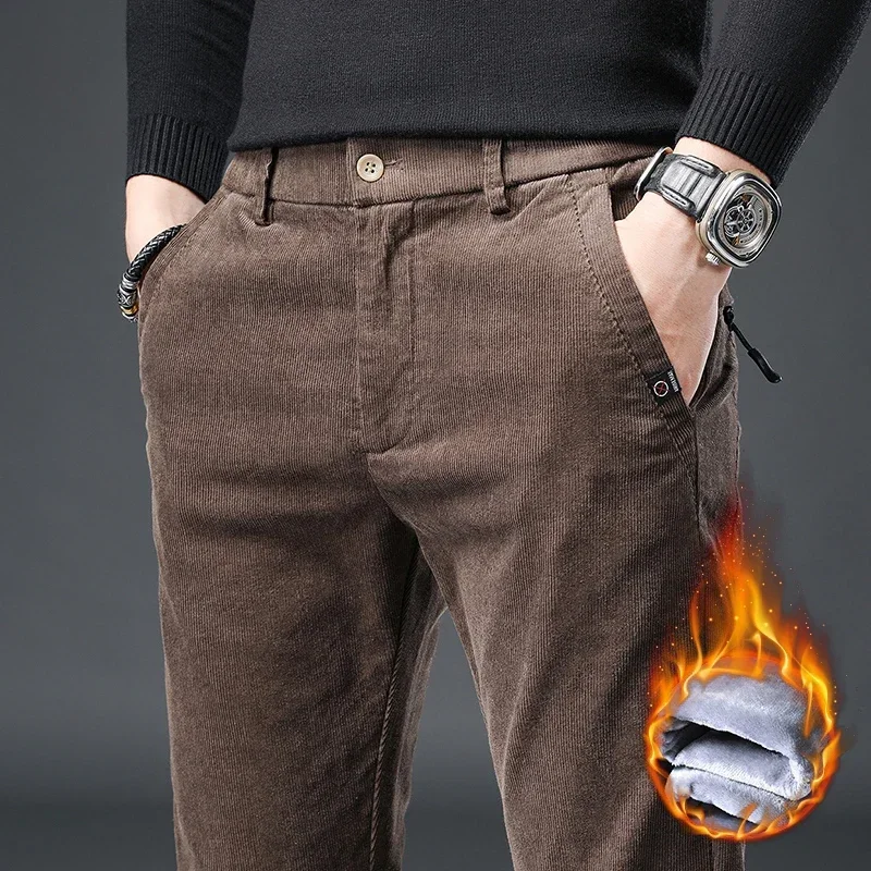 

Autumn Winter Men's Slim Fit Straight Corduroy Fleece Pants High Quality Cotton Stretch Simple Clothing Pure Fit Casual Trousers