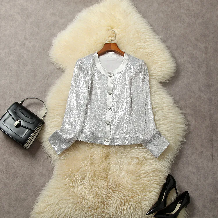 

European and American women's clothing 2023 autumn new Round neck Long sleeve zipper heavy sequins Single breasted short jacket