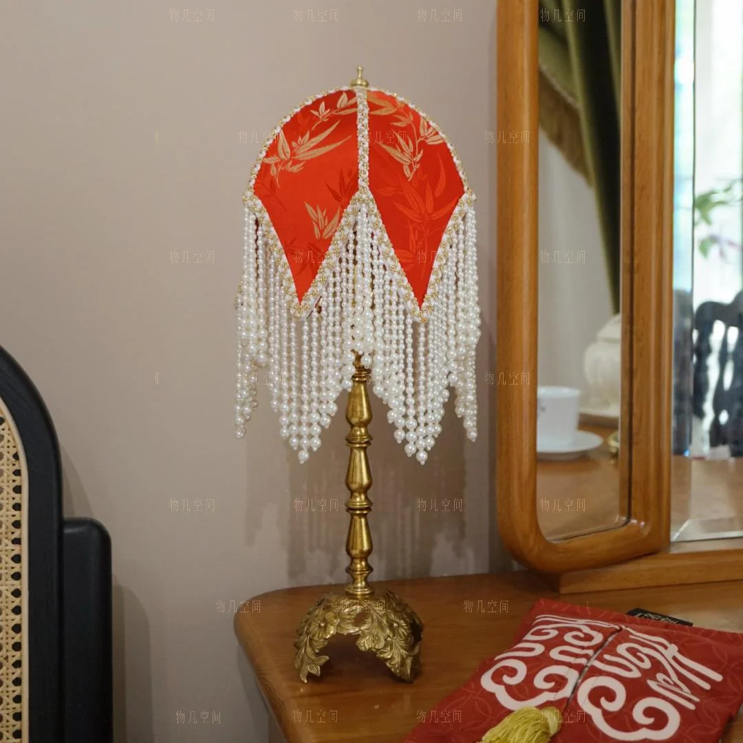 Red handmade fabric lampshade wedding gift national style vintage brass  bedroom bedside atmosphere table lamp - AliExpress