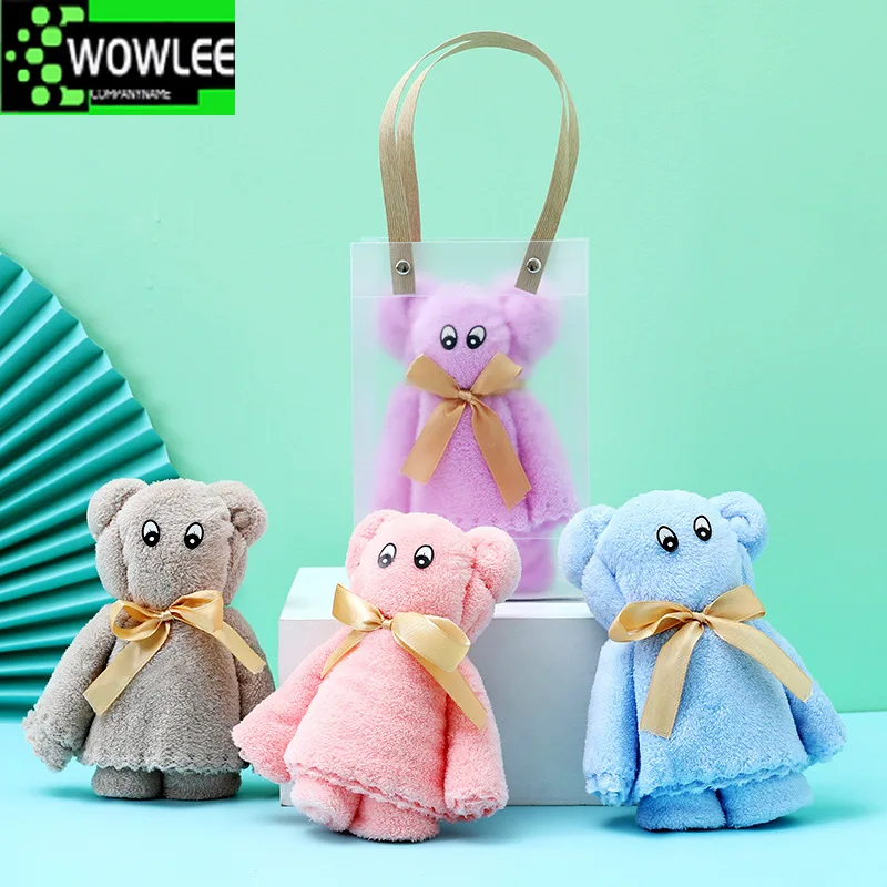 

Coral Velvet Fleece Bear with Bag Absorbent Face Hand Towel Wedding Business Holiday Gifts Bathroom Kids Handkerchief 30x30cm