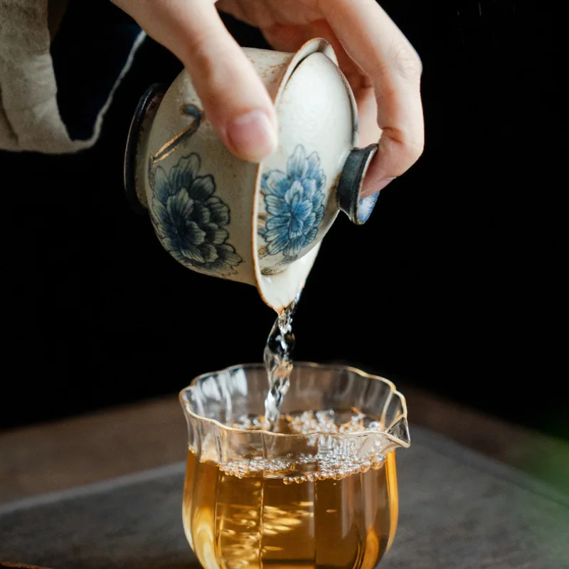 100ml Blue And White Flint Red Gaiwan Handmade Gold Drawing Peony Flower Tea Tureen Tea Maker Cover Bowl Kung Fu Tea Items Gift