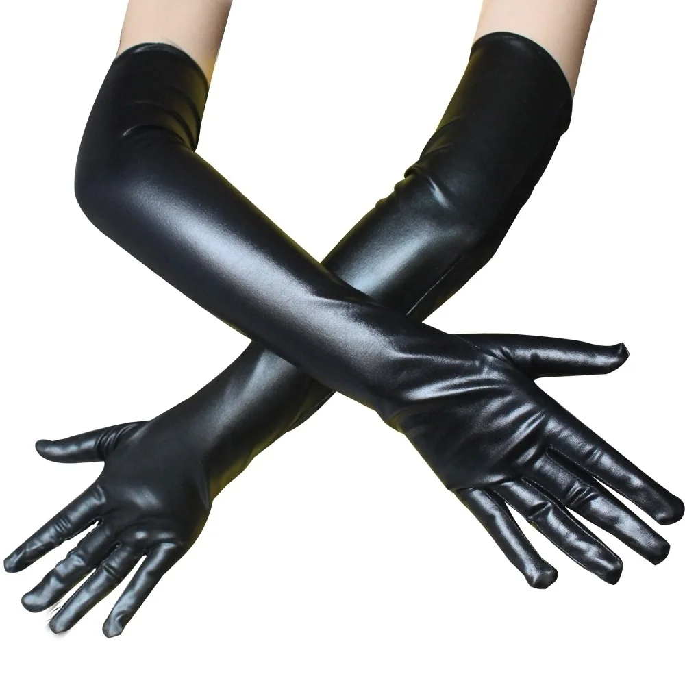 

Black tight sexy patent leather gloves, long cosplay clothing accessories, steel pipe dance performance gloves