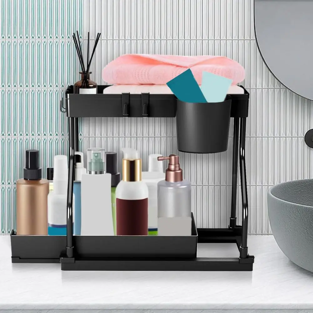 

Bathroom Pull-out Organizer Double-layer L-shaped Kitchen Bathroom under Sink Storage Rack with Hooks Capacity Pull-out