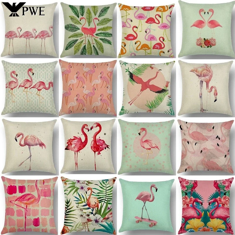 

Flamingo Print Linen Pillowcase Office Sofa Seat Cushion Cover Living Room Bedroom Hotel Decorative Pillowcase 45*45cm