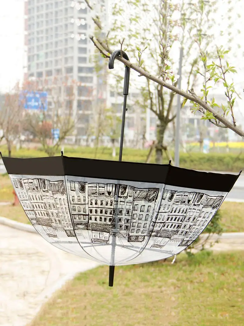 Transparent Long-Handled Auatic Umbrella Briti Sle Architecture Creative Retro Sunny Rain Umbrella for Women Home Use