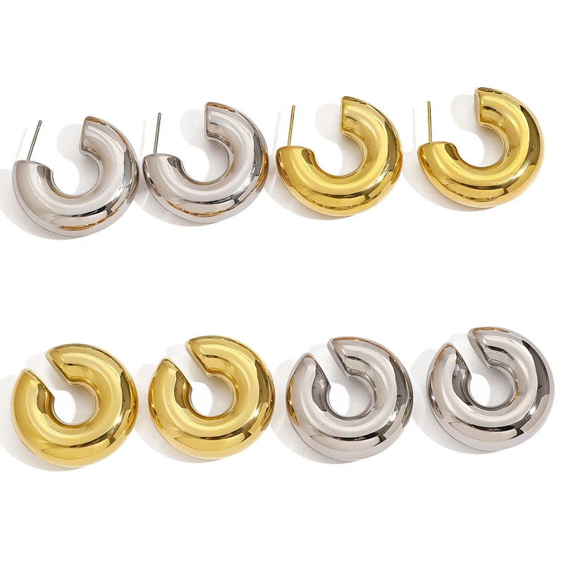Mode Dicke Runde C Form Chunky Hoop Ohrringe Frauen Glänzend Kreis Gold Silber Farbe Stahl Nadel Stud Huggie Ohrringe Schmuck