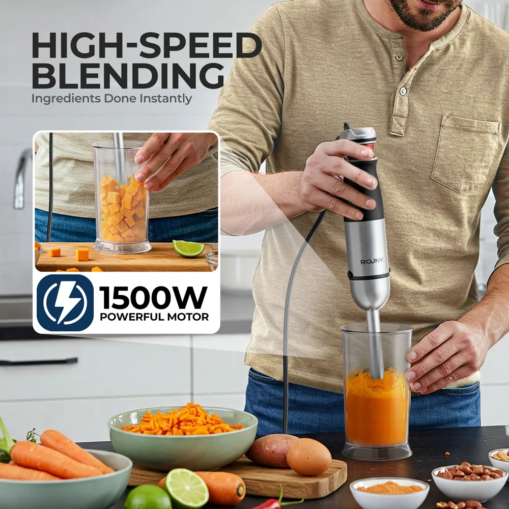 ROUNY 6-in-1 Multi-Purpose Immersion Hand Blender, Max 1500W Stick Blender with Stainless Steel Blades for Home and Kitchen 2