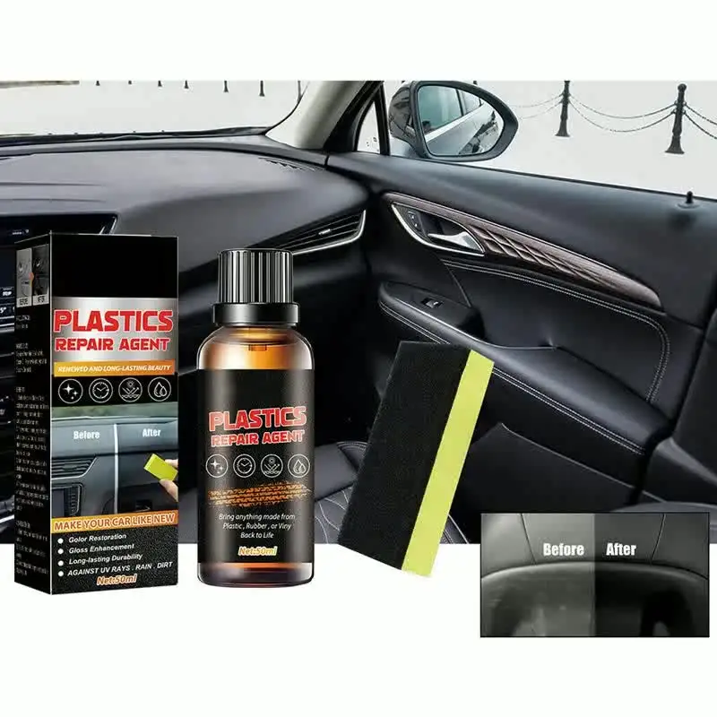 Restaurador de molduras de plástico para coche, revestimiento de vinilo de  goma de plástico brillante, renovador de detalles de coche, color negro,  50ml
