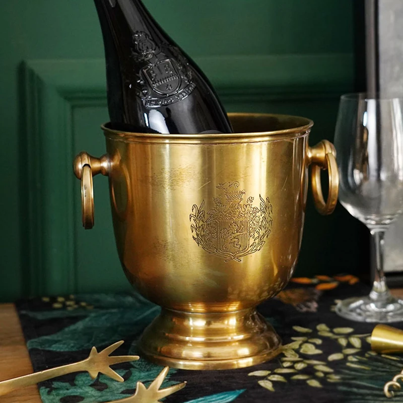 Hand Carved Brass Ice Wine Bucket Cooler Whiskey Wine Holder Retro Luxury Home Bar Barrel Copper Carving Whiskey Barrel