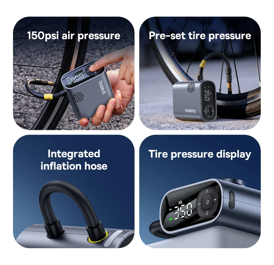 Portable Motorcycle Pump Bike Air Pump 150PSI Tire Inflator with Tire Pressure D