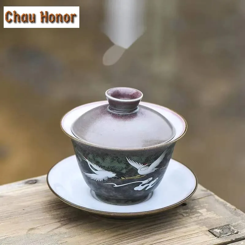 160ml Antique Kiln Change Glaze Gaiwan Creative Crane Tea Tureen Household Tea Maker Cover Bowl Tea Services Supplies Decoration