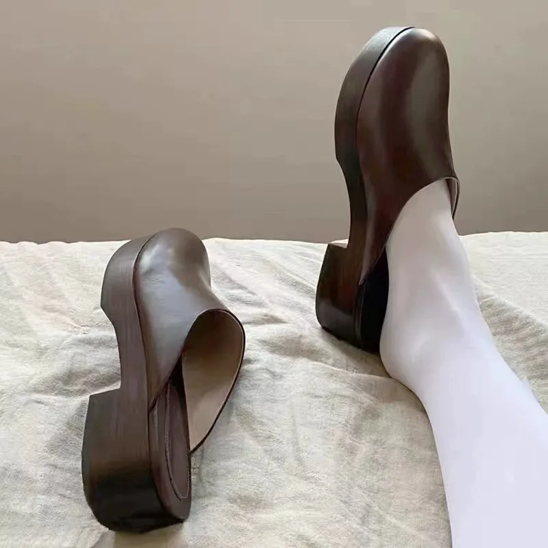 

Round Toe Shallow British Chunky Heel Slippers Solid Color Daily Casual Platform Flats Comfortable Brown Simple Women Shoes