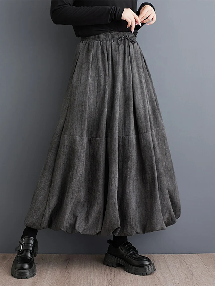 2025 Spring Autumn New Vintage High Waist Pleated Skirt Women Plus Size Fashion Drawstring Loose Casual Midi Skirts Clothing