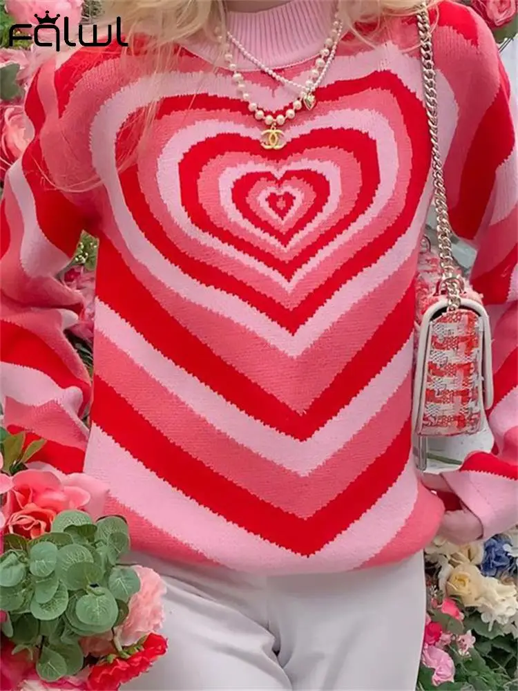 

Habbris Pink Love Heart Print Sweater Casual Outfits For Women 2023 Autumn Winter Green Knitted Stripe Pullover Loose Sweatshirt