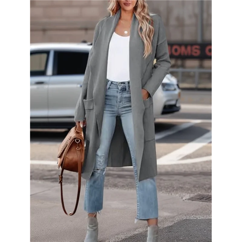 B50B-여성용 오픈 프론트 니트 루즈 가디건 캐주얼 긴 소매 드레이프 니트 포켓 롱 재킷 스웨터 그레이 XXL