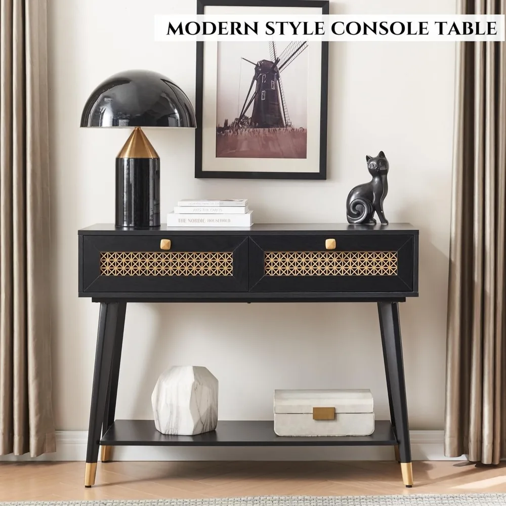Mid Century Modern Console Table, Narrow Wood Entryway Table with 2 Storage Drawers and Open Shelf, Farmhouse Entry Tables 3