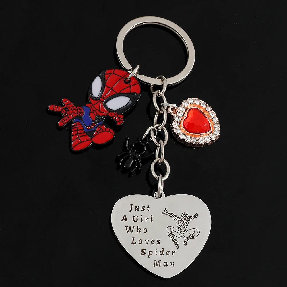 

Marvel Superhero Spiderman Enamel Pendant Keychain Just A Gril Heart Nameplate Charm Keyrings for Girls Bag Car Key Accessories