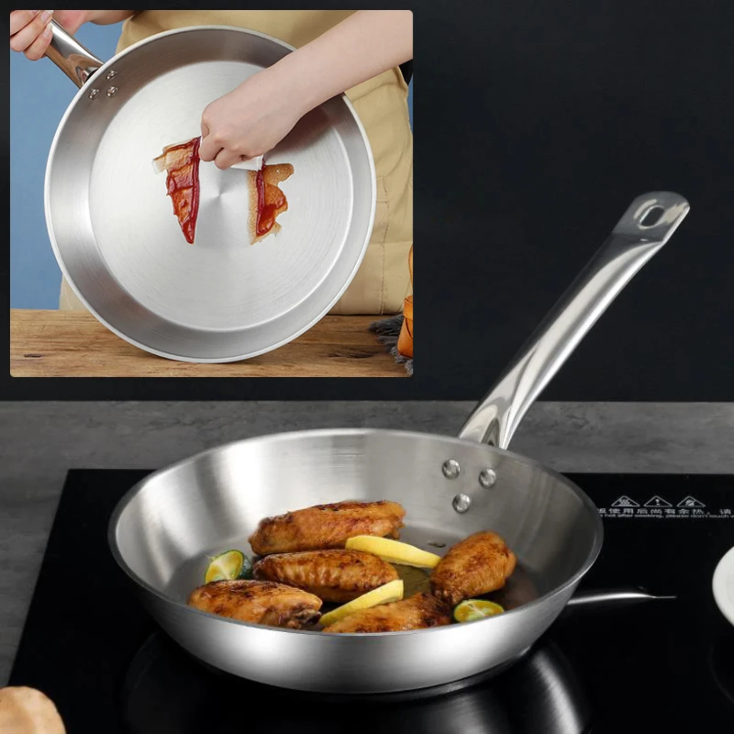 Frying Pan, High-Performance Skillet with Sleek Metallic Exterior, Stainless Steel Frying Pan Suitable For All Hob Types