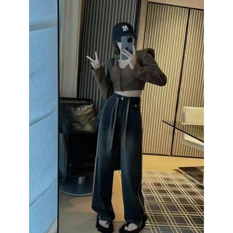 

New Fashion High-quality Niche Design Drawstring Wide-leg Jeans Women's High-waist Loose Slim Slim Straight-leg Mopping Pants