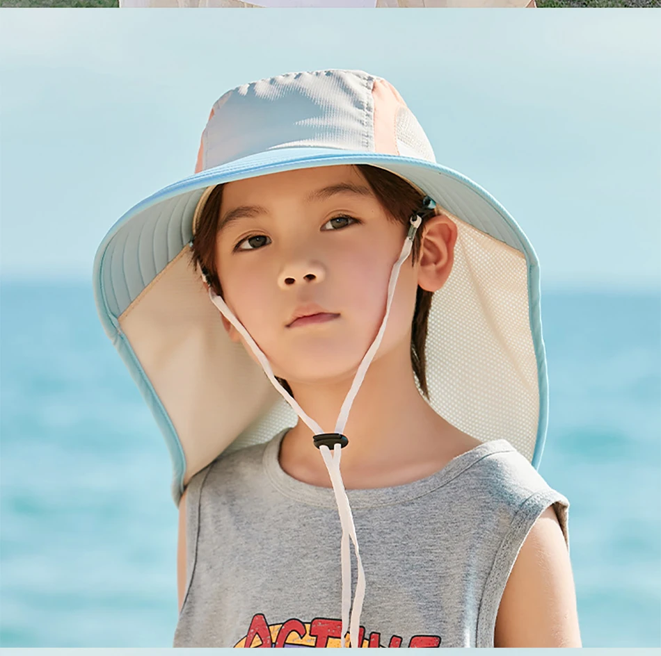 Sommer Baby Sonnenhut mit Nackenklappe und breitem Riemen, Strandhüte, Kinder-Eimerhut, UV-Schutz, Panama-Kappe für Jungen und Mädchen_voghion.com