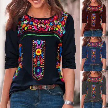 2024 Independent Station Spring/Summer New Women's Top with Bohemian Print V-neck Long sleeved T-shirt for Women 1