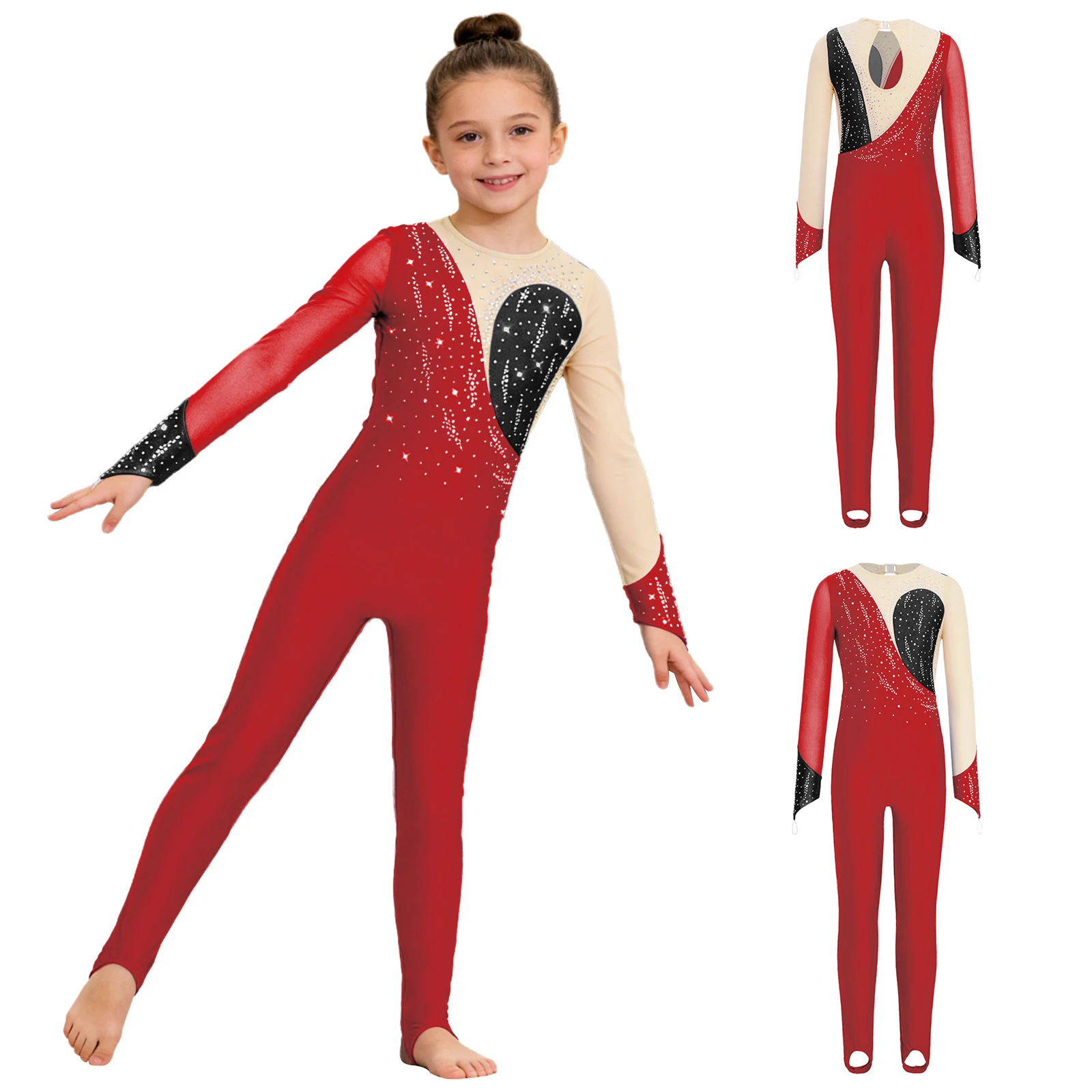Kinder Mädchen Glänzende Strasssteine Gymnastik Overall Langarm Ballett Tanz Trikot für Eiskunstlauf Akrobatik Yoga Leistung – Detail 26