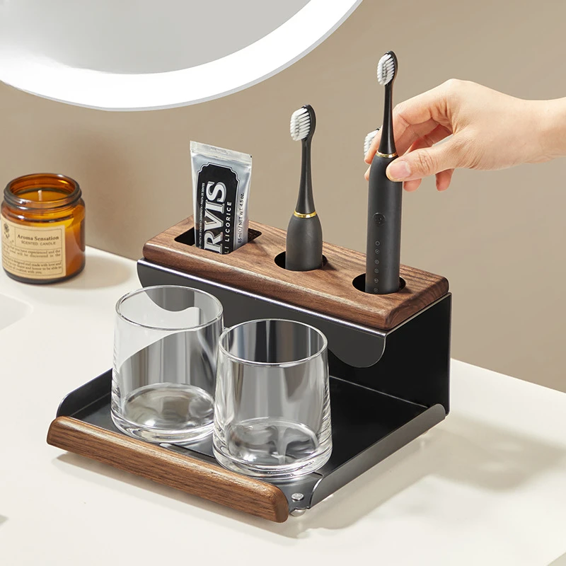 Walnut Electric Toothbrush Holder Bathroom Bathroom Vanity Top Tooth Cup Toothpaste Mouthwash Cup Organiser