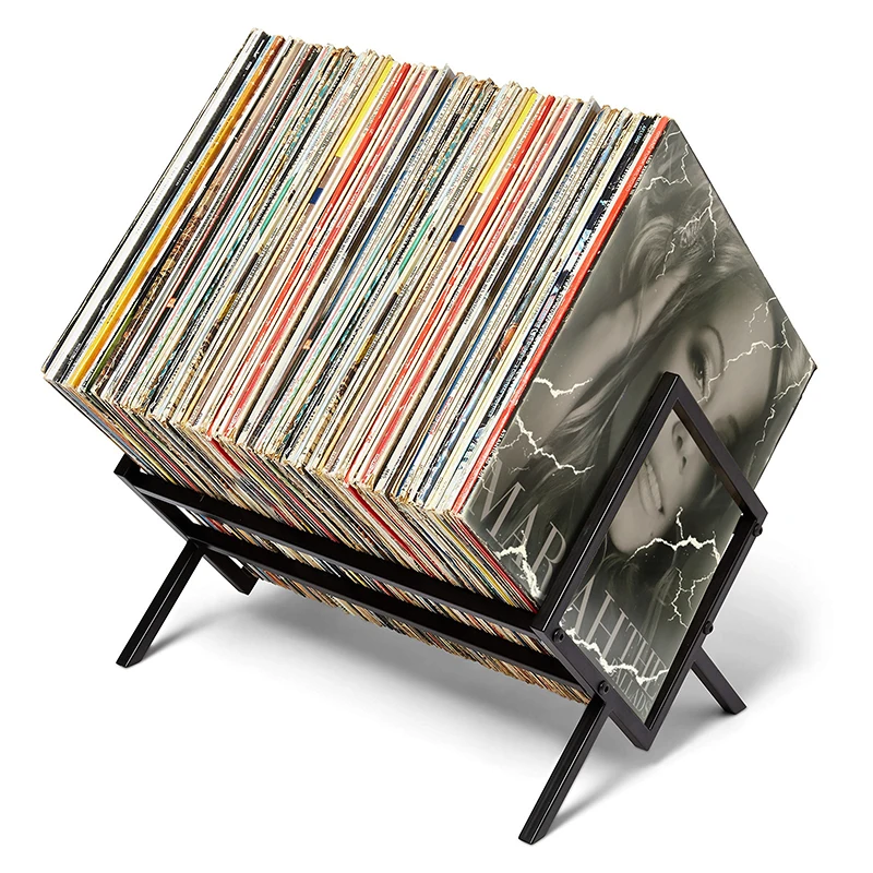 CD 레코드 디스플레이 스탠드 비닐 레코드 보관 랙, 80-100 LP 용량, 내구성 금속 단일 단 레코드 거치대 책꽂이