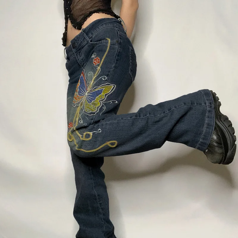 

Women's Butterfly Retro Embroidery Patch Made of Old Denim Pants, New Fashion Wide Legs, Casual and Elegant Fit, Straight Tube