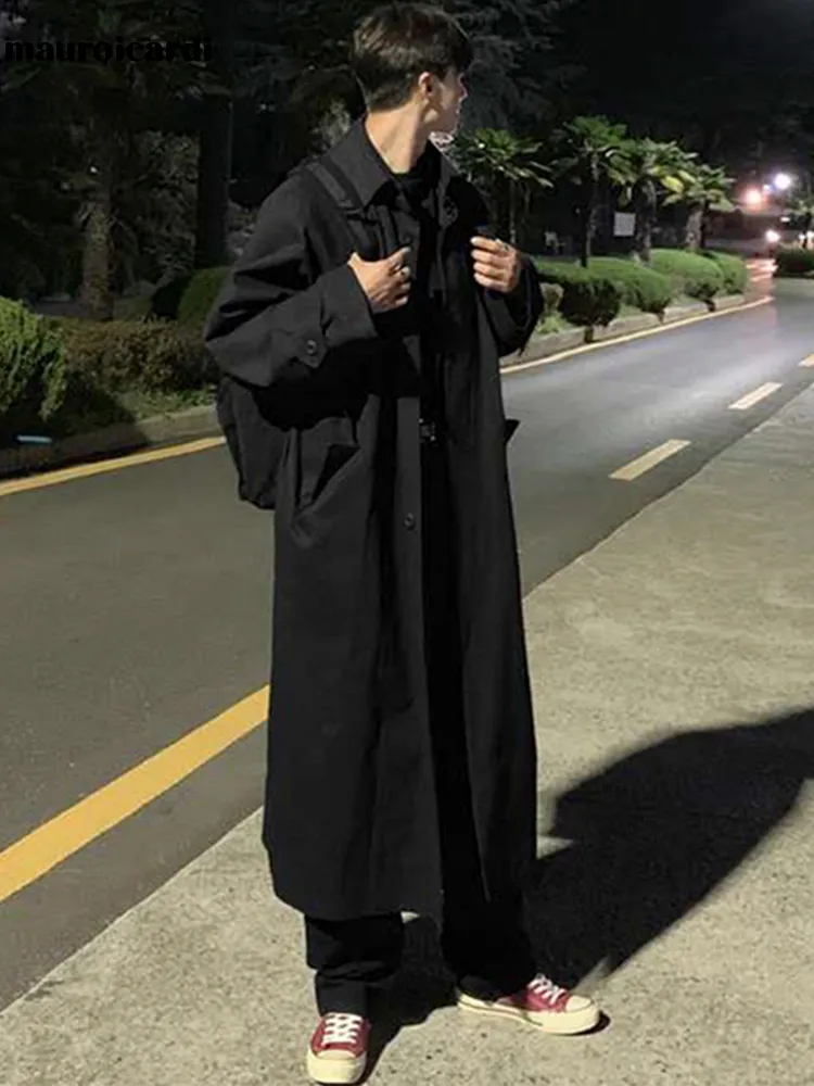 Mauroicardi Spring Autumn Long Oversized Black Khaki Trench Coat Men Raglan Sleeve Single Breasted Loose Casual Korean Fashion