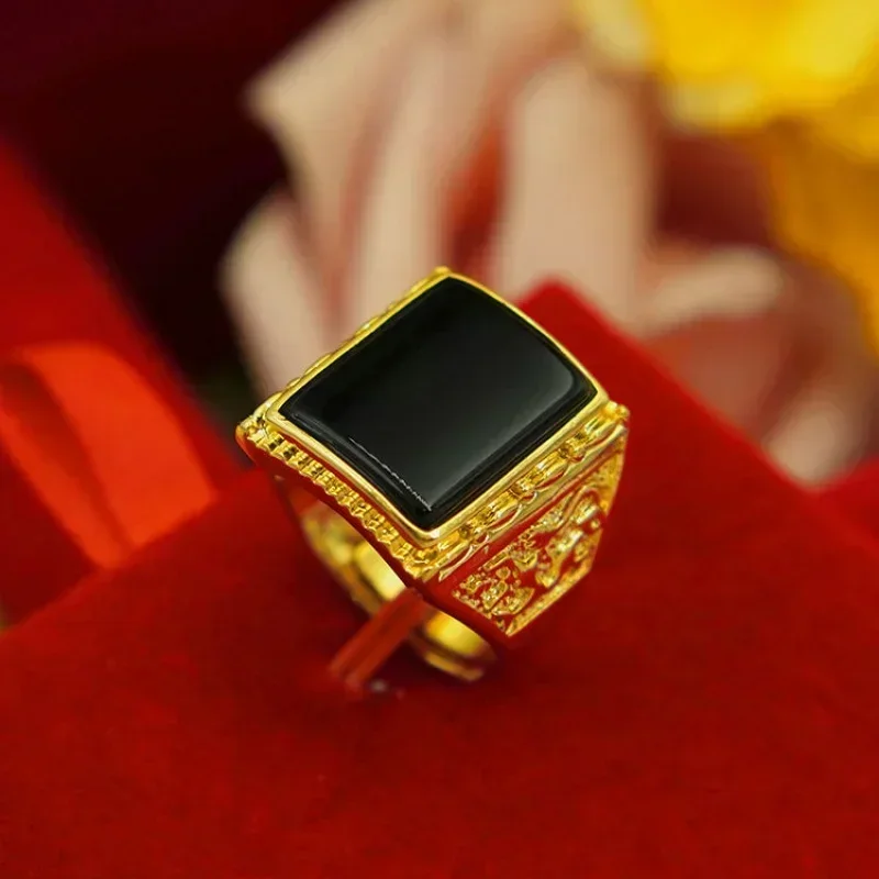 AU750 same style mens 999 real gold ring 18K agate Pixiu God of Wealth adjustable open gold inlaid jade Anilo Hobre