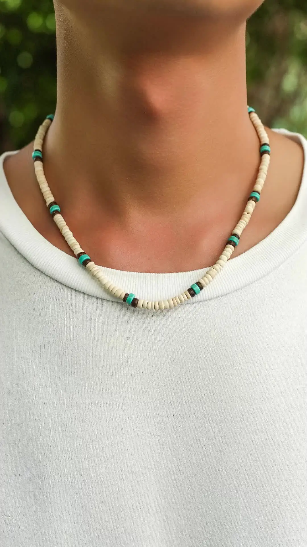 Collana Surf In Legno E Perle - Ciondolo Tribale Con Cocco, Girocollo Regolabile Uomo/Donna - Foto 2