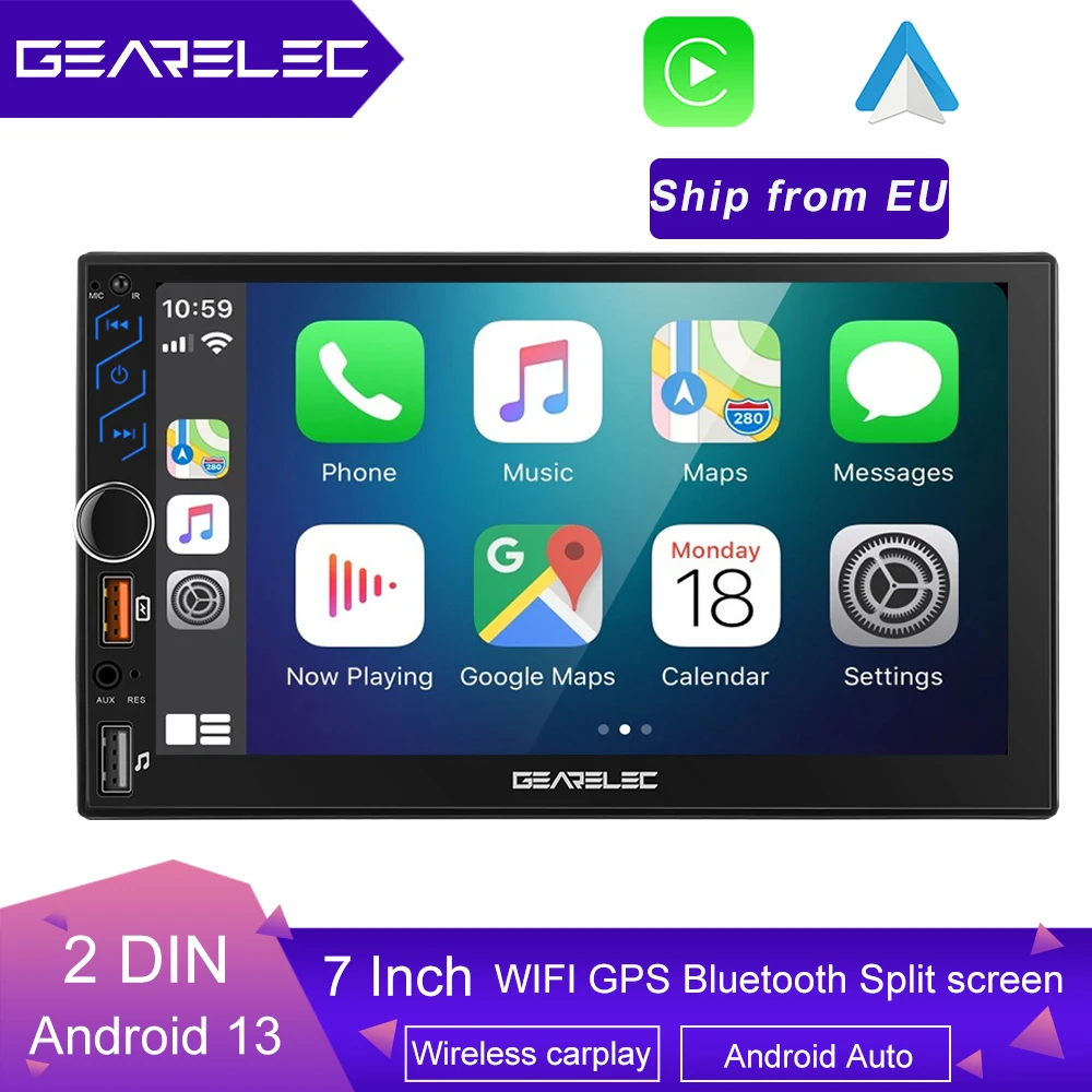 Lecteur de voiture universel avec écran tactile HD, autoradio, FM, Bluetooth, Carplay, Android 13, 2 Din, 7 pouces