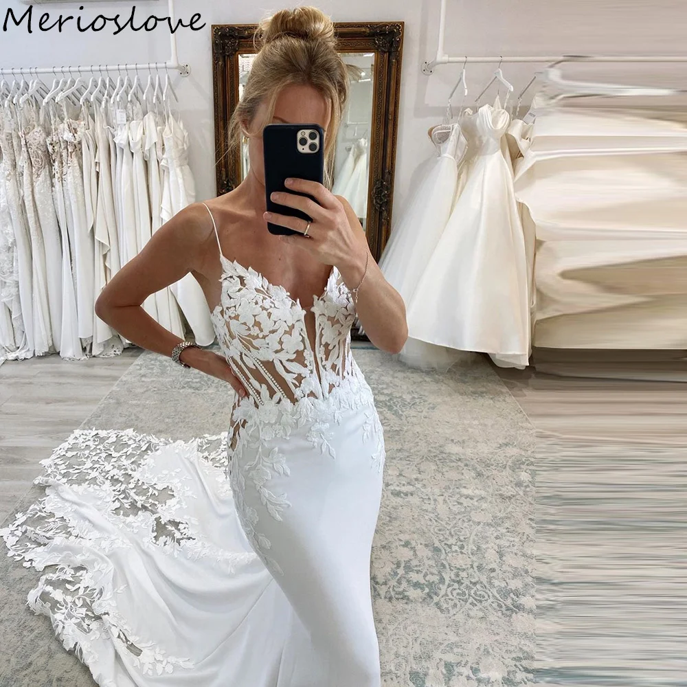 

Merioslove Vestido De Noiva Mermaid Wedding Dresses Lace Appliques Spaghetti Straps Backless Princess Wedding Gown Beach Bridal