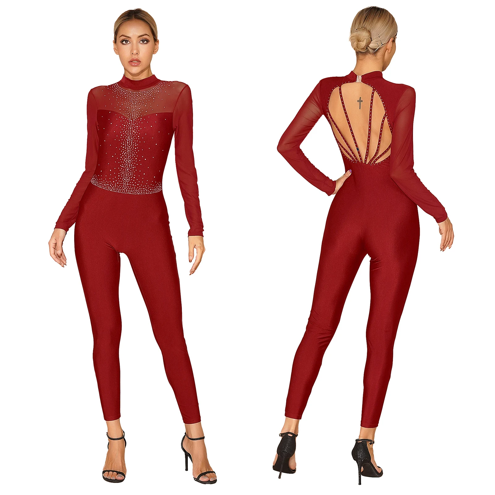 thumbnail image 1 of Monos de gimnasia para mujer, monos de baile, Ballet, baile, bailarina adulta, Ropa de baile, mono de manga larga con diamantes de imitación brillantes, 1 of 5