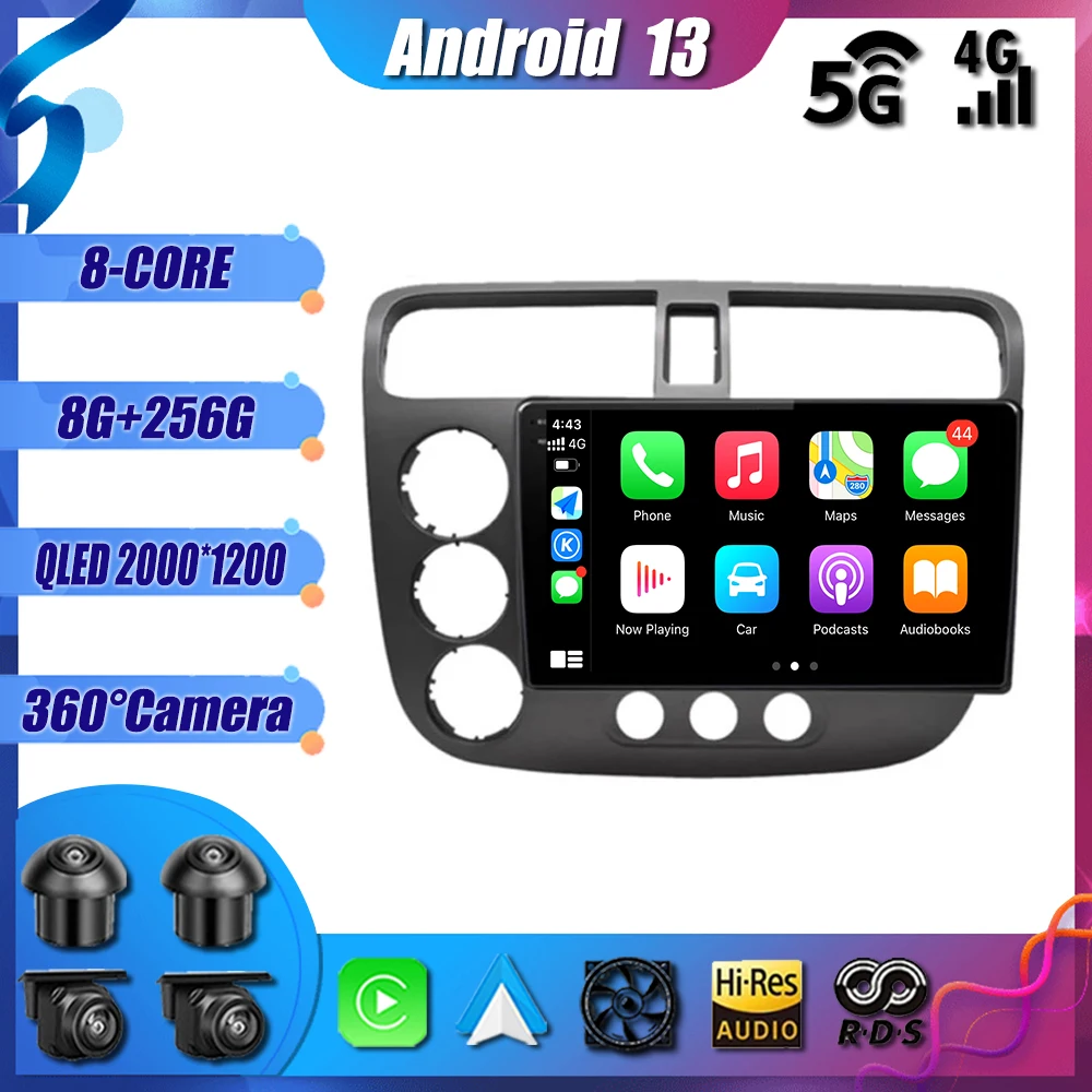 

Android 13 Car Radio for Honda Civic 7 2000 - 2006 Multimedia Video Player GPS Navigation Carplay 4G WiFi DSP Bluetooth No 2Din