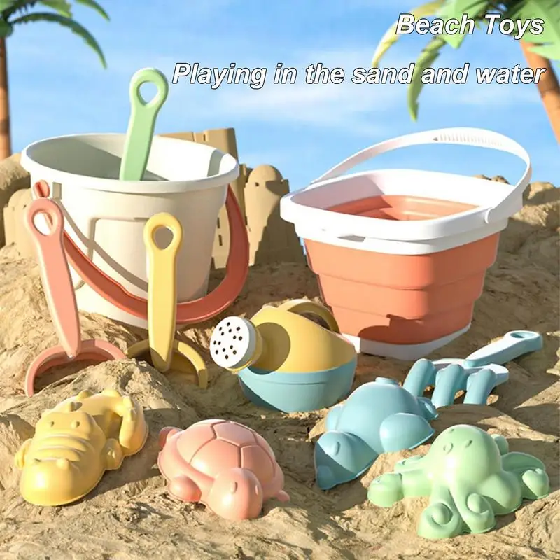 Sommerliches Strandspielzeug-Set für Kleinkinder: Sandkasten mit zusammenklappbarem Eimer, Schaufel, Rechen und Sandformen_voghion.com