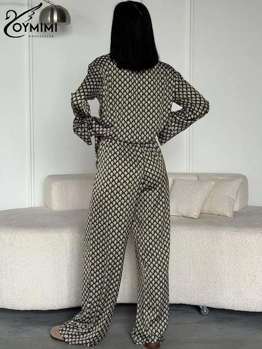 Oymimi Fashion Grey Green Print Sets For Women 2 Pieces Elegant Lapel Long Sleeve Pockets Shirt And Straight Trousers Female Set