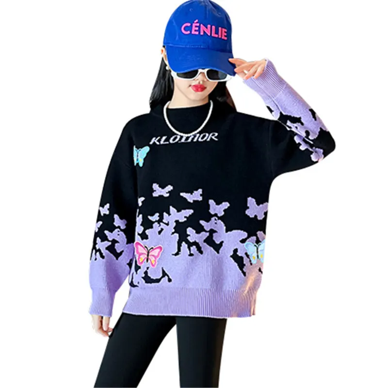 

Teen Girls Sweater Spring Autumn Pullover Knitting Tops Kids Casual Butterfly Pattern Baby Children Fashion Soft Clothing 4-13Y