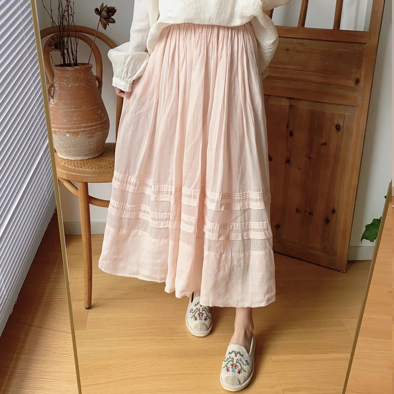 Style Striped Retro Patchwork A Line Skirts Ramie