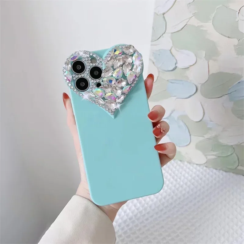 Phone Case Love Heart Rhinestone for iPhone 16 15 14 13 12 11 Pro Xs Max XR 8Plus SE2/SE3