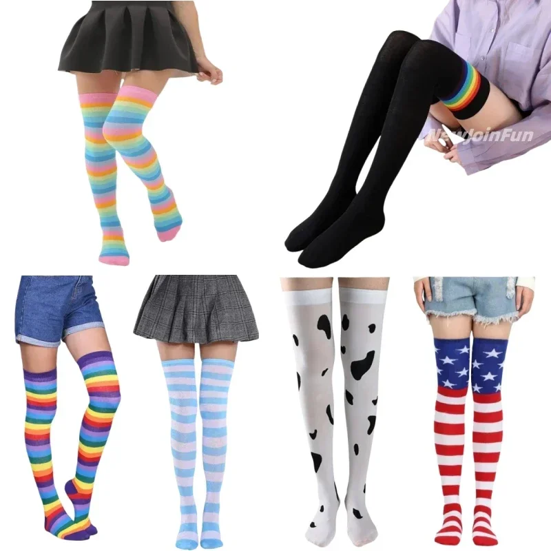Regenbogenfarbene, schwarz-weiß gestreifte, knielange, lange Socken, Beinwärmer, Gothic-Lolita-Strümpfe für Mädchen und Frauen, Herbst/Winter.