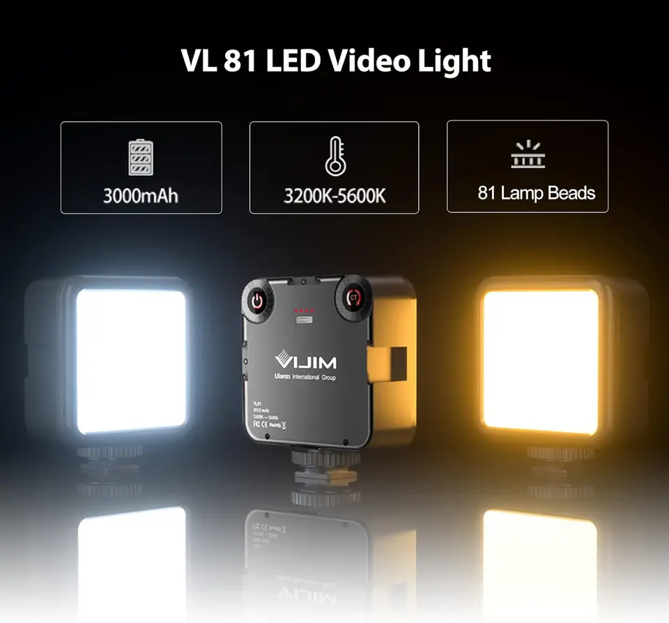 Ulanzi VIJIM VL81 Mini-ledlamp, tweekleurig, voor smartphone en camera, met instelbare kleurtemperatuur 3200 K-5500 K, 3000 mAh batterij