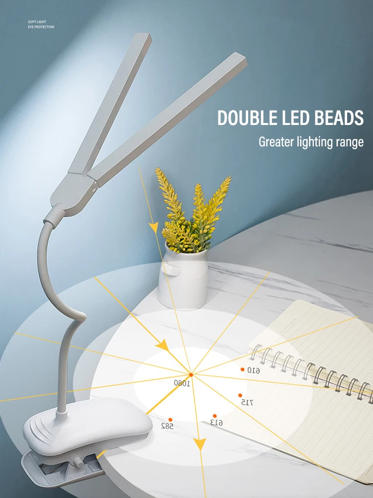 LED Double-headed Reading Table Lamp with Clip Touch Control Dimmable Light Eye Protection for Bedroom Dormitory Study Office desk lamp,table lamp,reading light