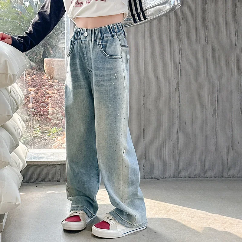 Pantalon Jean Fille 2025 – Taille Haute élastique – Jambe évasée Large – Style Baggy Décontracté – Polyester/coton