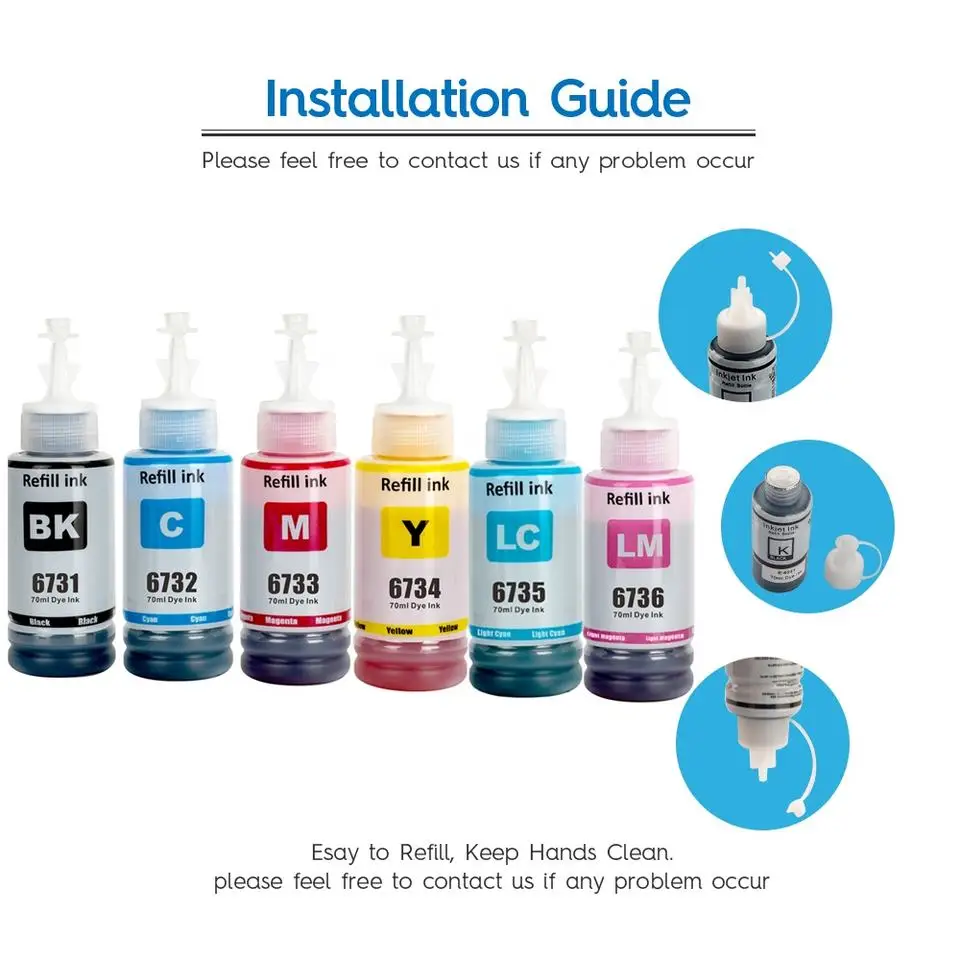 673 T673 T6731 Compatible Color Bulk Water Based Bottle Refill Dye Ink For Epson L805 L850 L810 L800 L1800 Printer