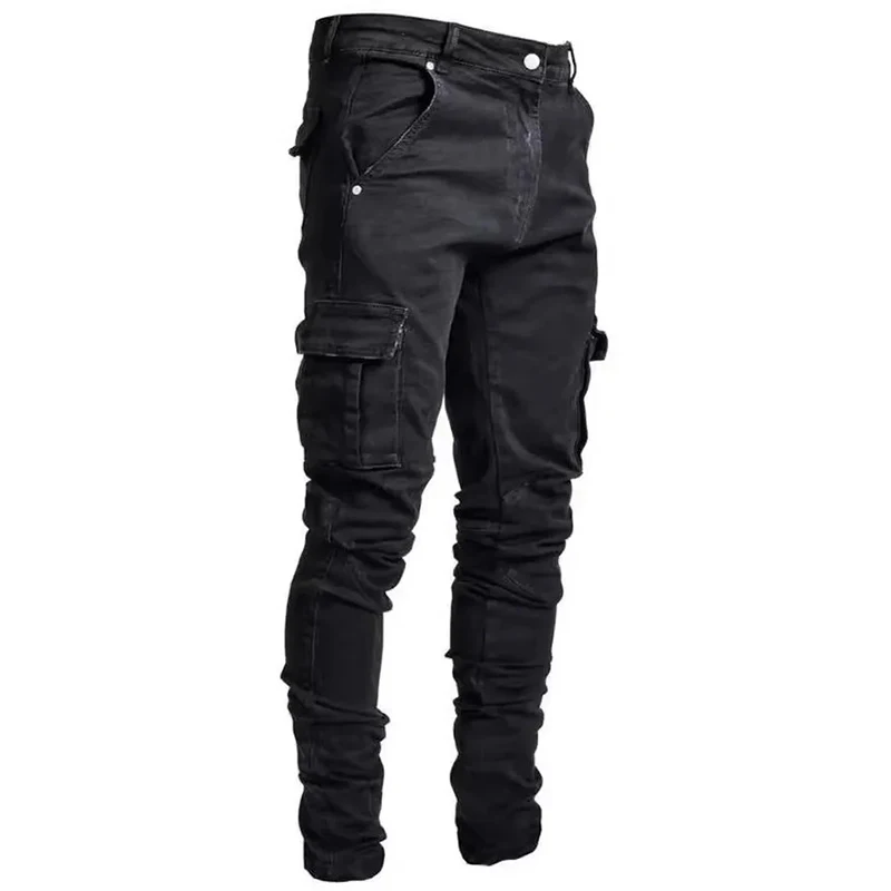 Pantalones vaqueros elásticos de calle para hombre, pantalones Cargo con múltiples bolsillos de Color sólido, pantalones informales ajustados para uso diario, pantalones para correr de cintura media