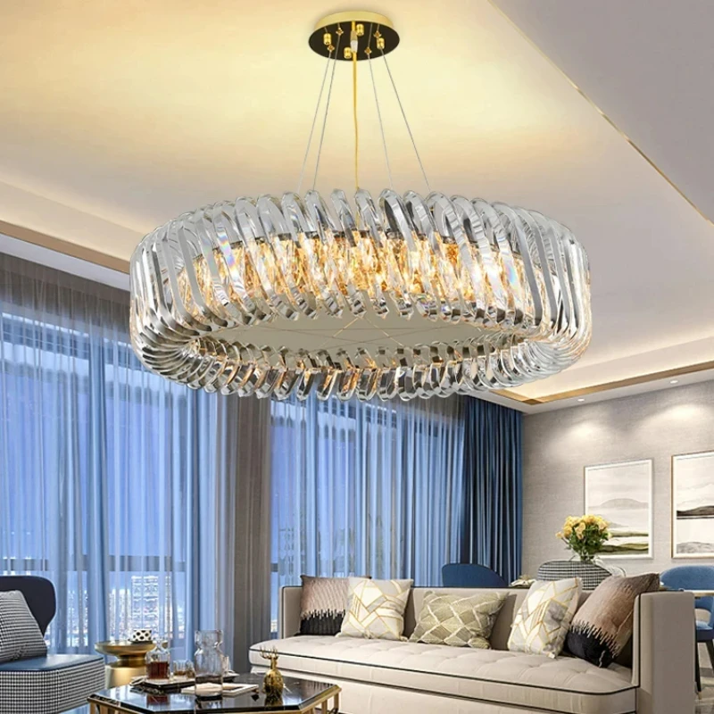 

Postmodern Luxury Stainless Steel Crystal Chandelier Living Room Study Bedroom Oval Round Pendant Lights Led Home Decor Lamps