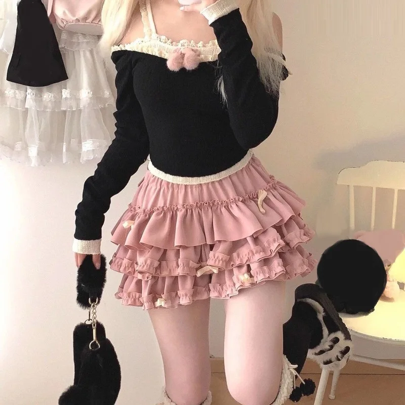 Women Short Skirt Female Elastic Waist Tutu Skirts Ruffled A-line Mini Pleated Cake Skirt 5